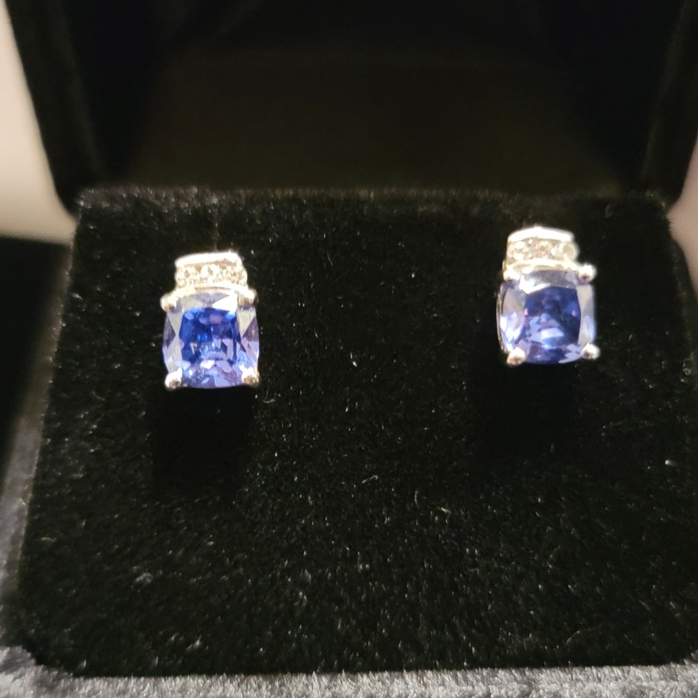 Tanzanite and white sapphire silver stud earrings